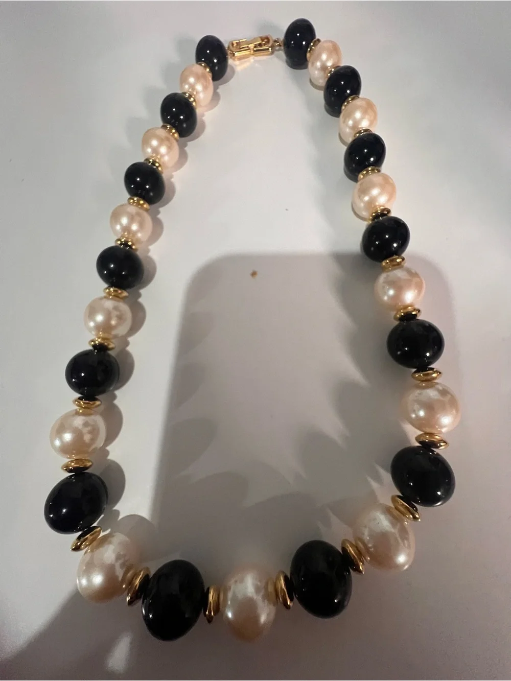 Classic Black & Ivory Pearl Bead Necklace - Gold Accents